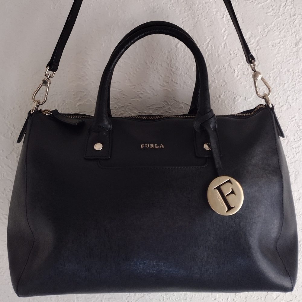 Furla Linda Medium Leather Black And Gold Satchel Bag